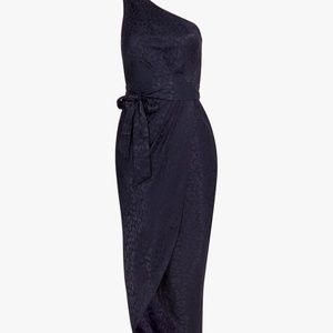 Ted Baker One Shoulder Midi Dress US Size 8 Navy Blue Jacquard Animal Print